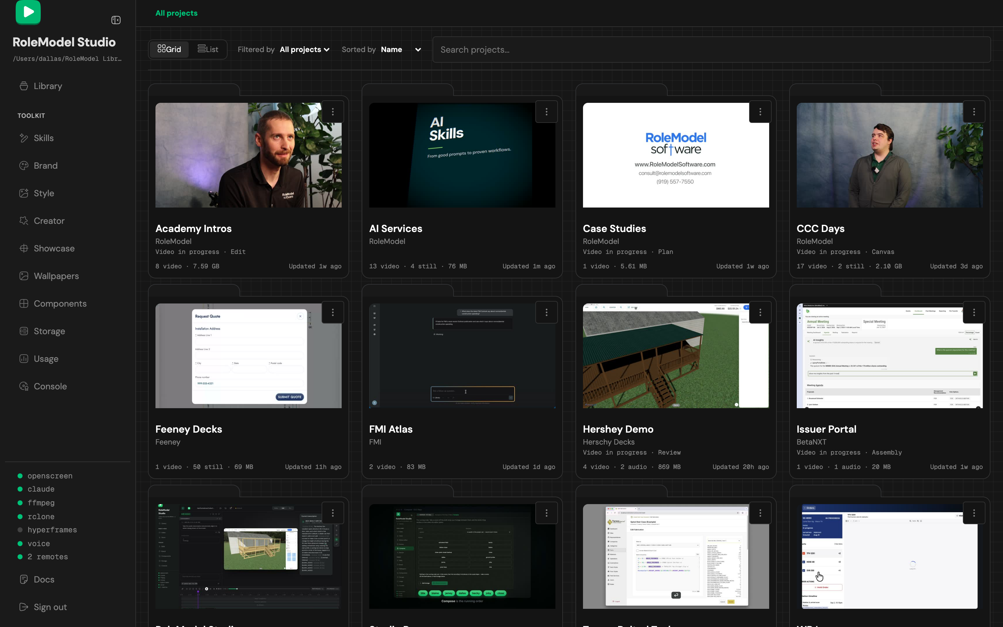 RoleModel Studio’s project list: every project as a card with its poster, counts and last update.