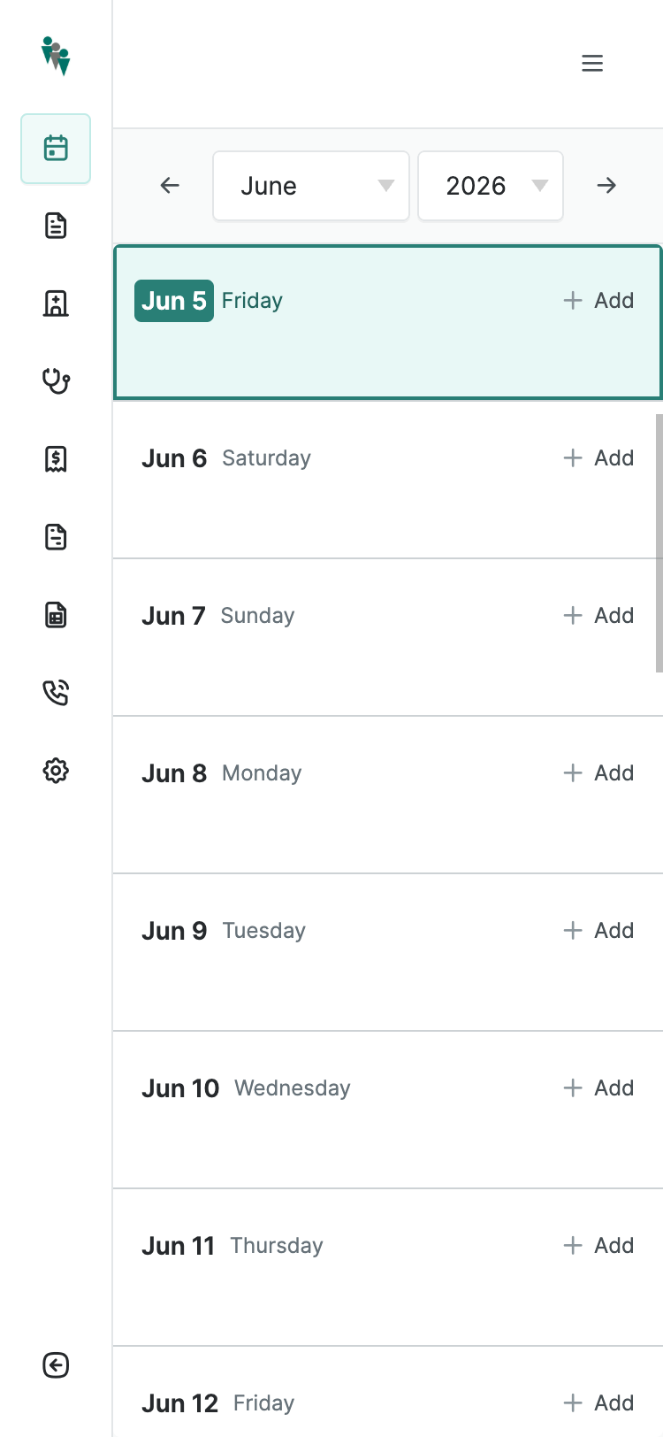 The admin calendar on a 375px viewport with a persistent left rail consuming 80px of horizontal space.