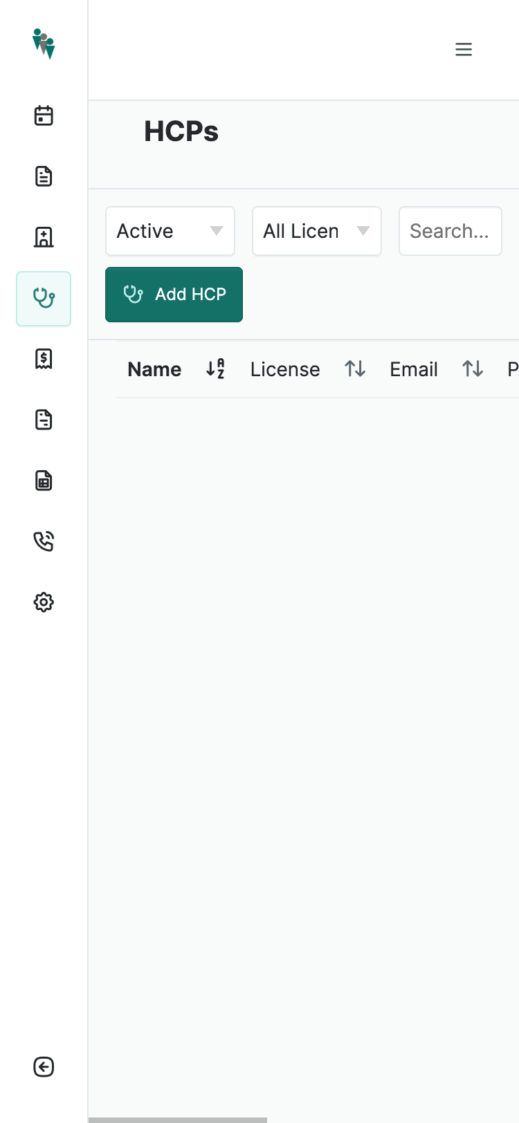 The HCPs index page showing a horizontally-scrolling data table with columns running off the right edge.