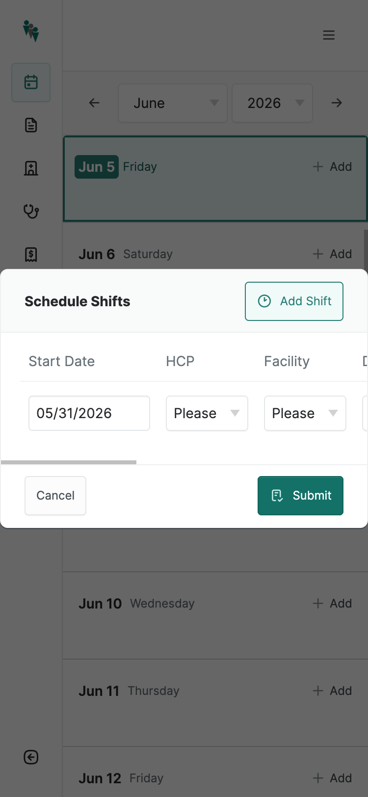 The Add-Shift modal on mobile showing the start of a wide table.