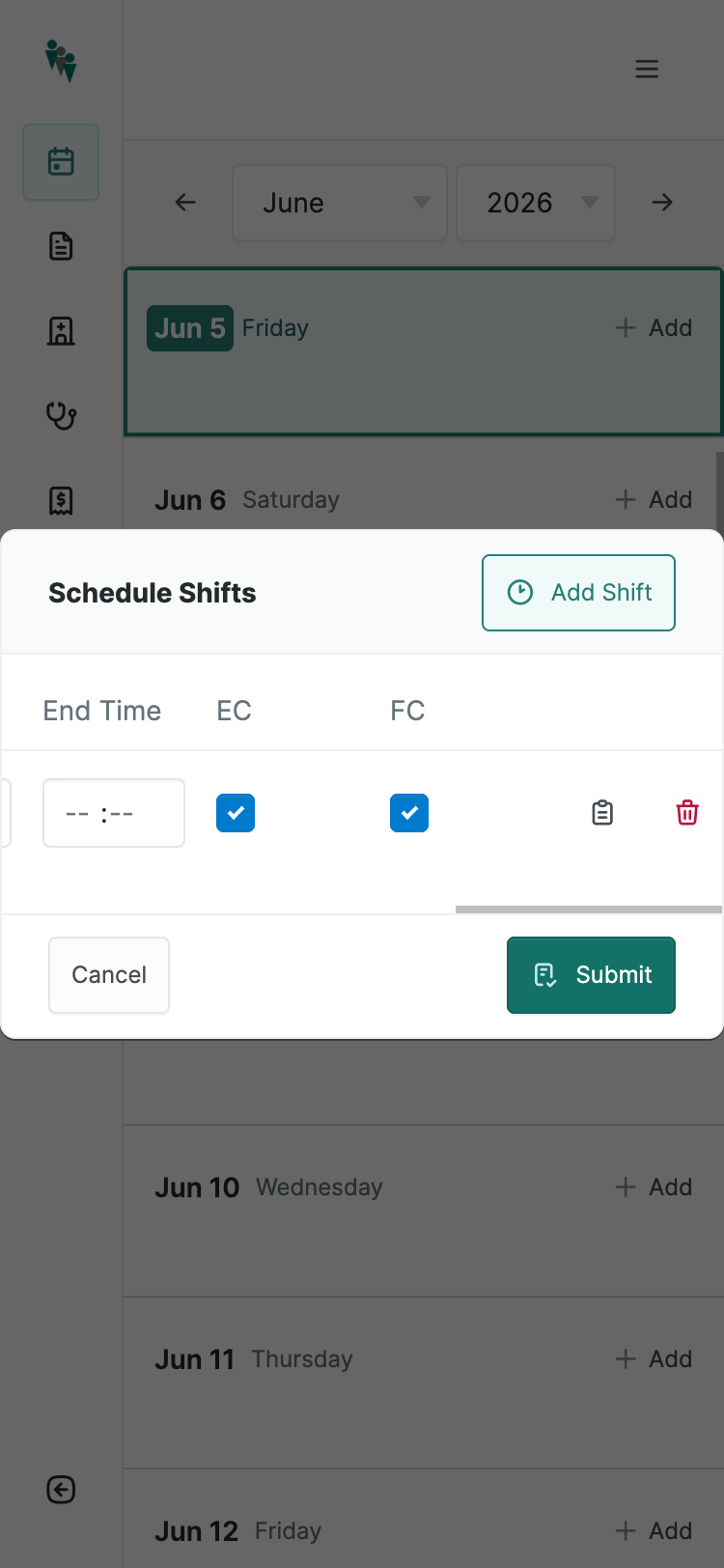 The same modal scrolled fully to the right, revealing the additional hidden columns.