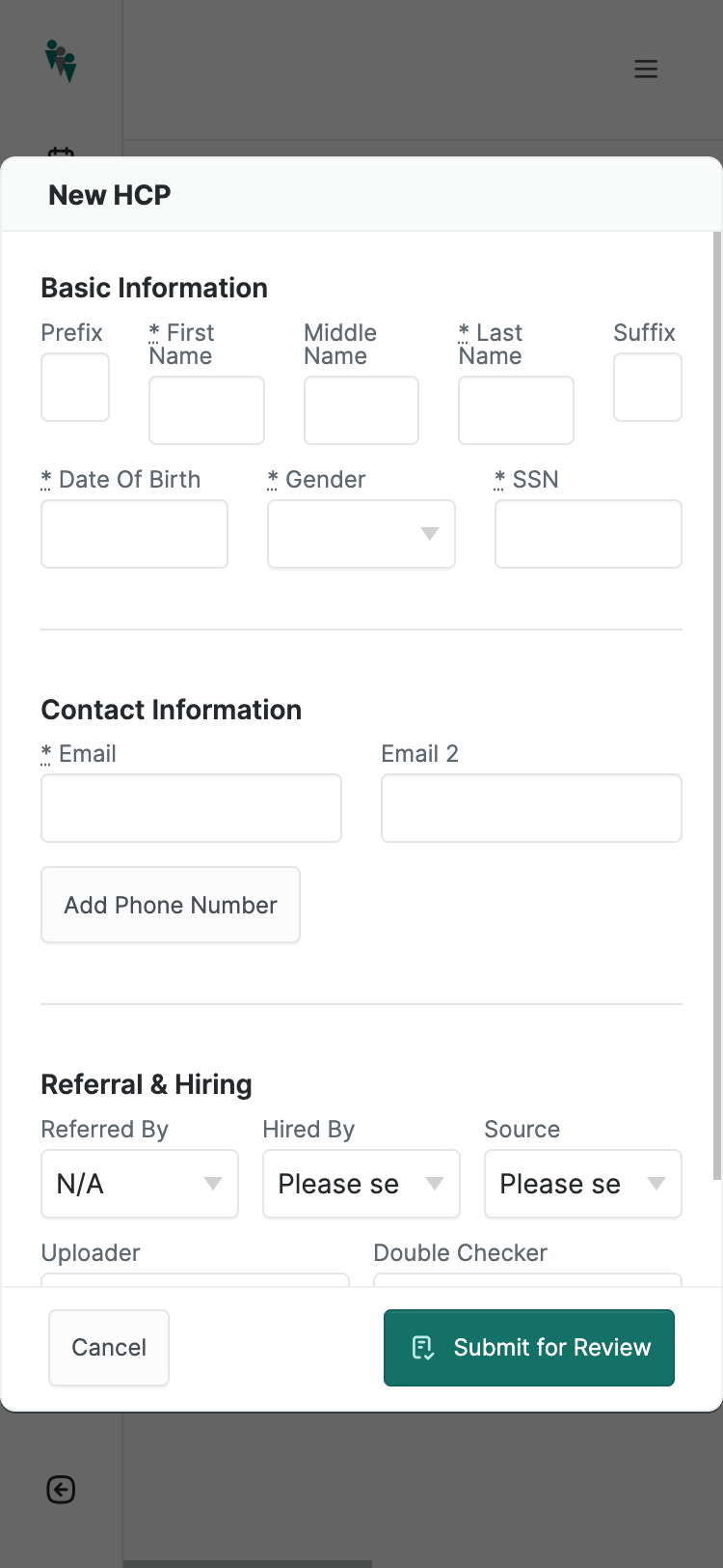 The New HCP form on mobile with a row of five tiny side-by-side inputs for Prefix, First Name, Middle Name, Last Name, and Suffix.