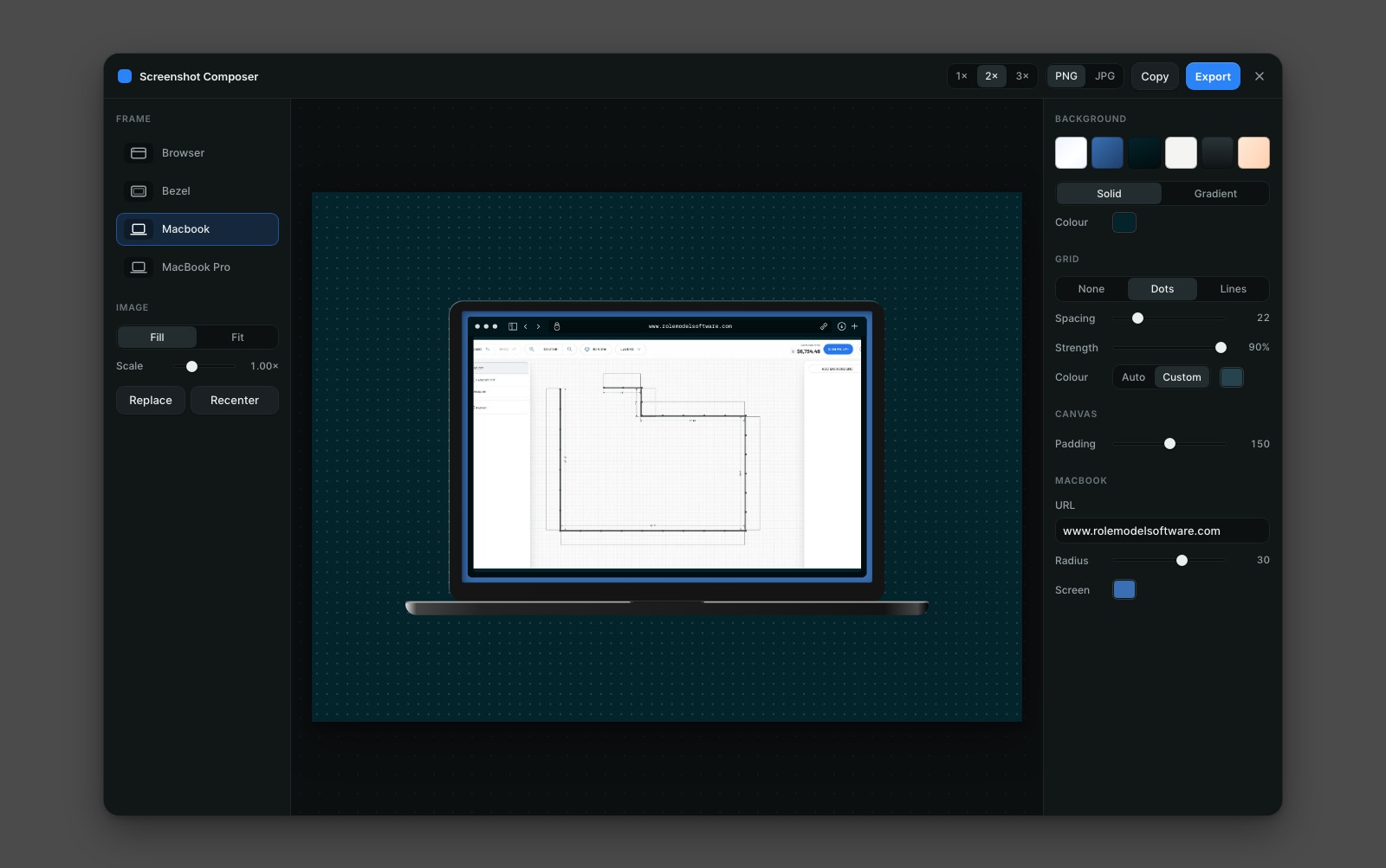 The composer interface: frame picker on the left, live canvas in the middle, background and grid controls on the right.