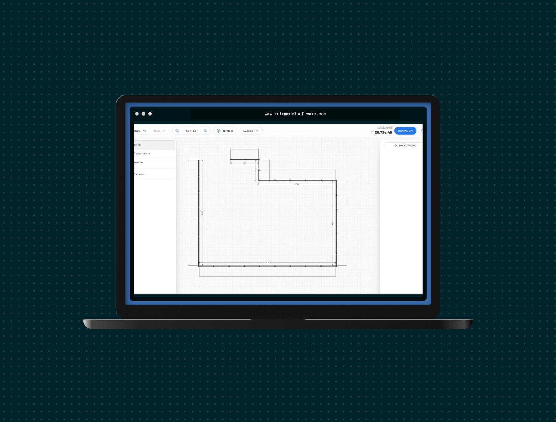 A product screenshot inside a MacBook frame on a blue dot-grid background, composed with the extension.